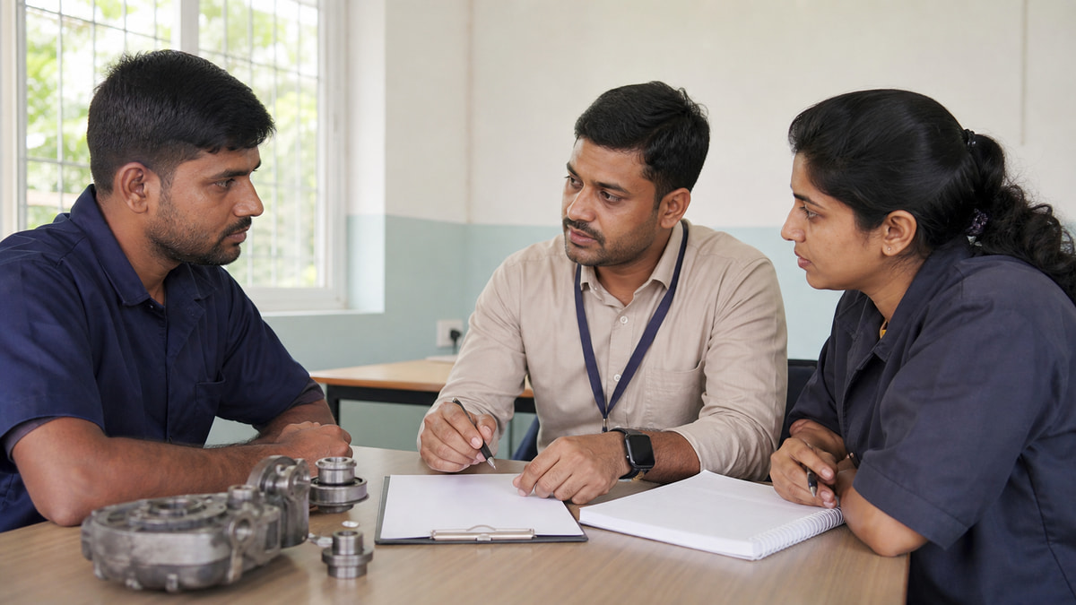 Lucrător indian și specialiști în recrutare discutând experiența practică și condițiile de recrutare